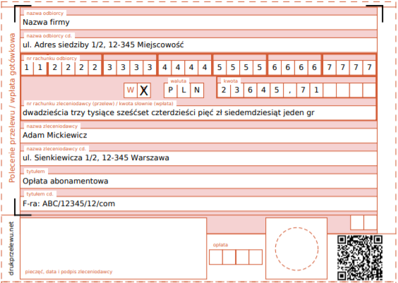 Przykładowy druk przelewu wygenerowany w formacie PDF